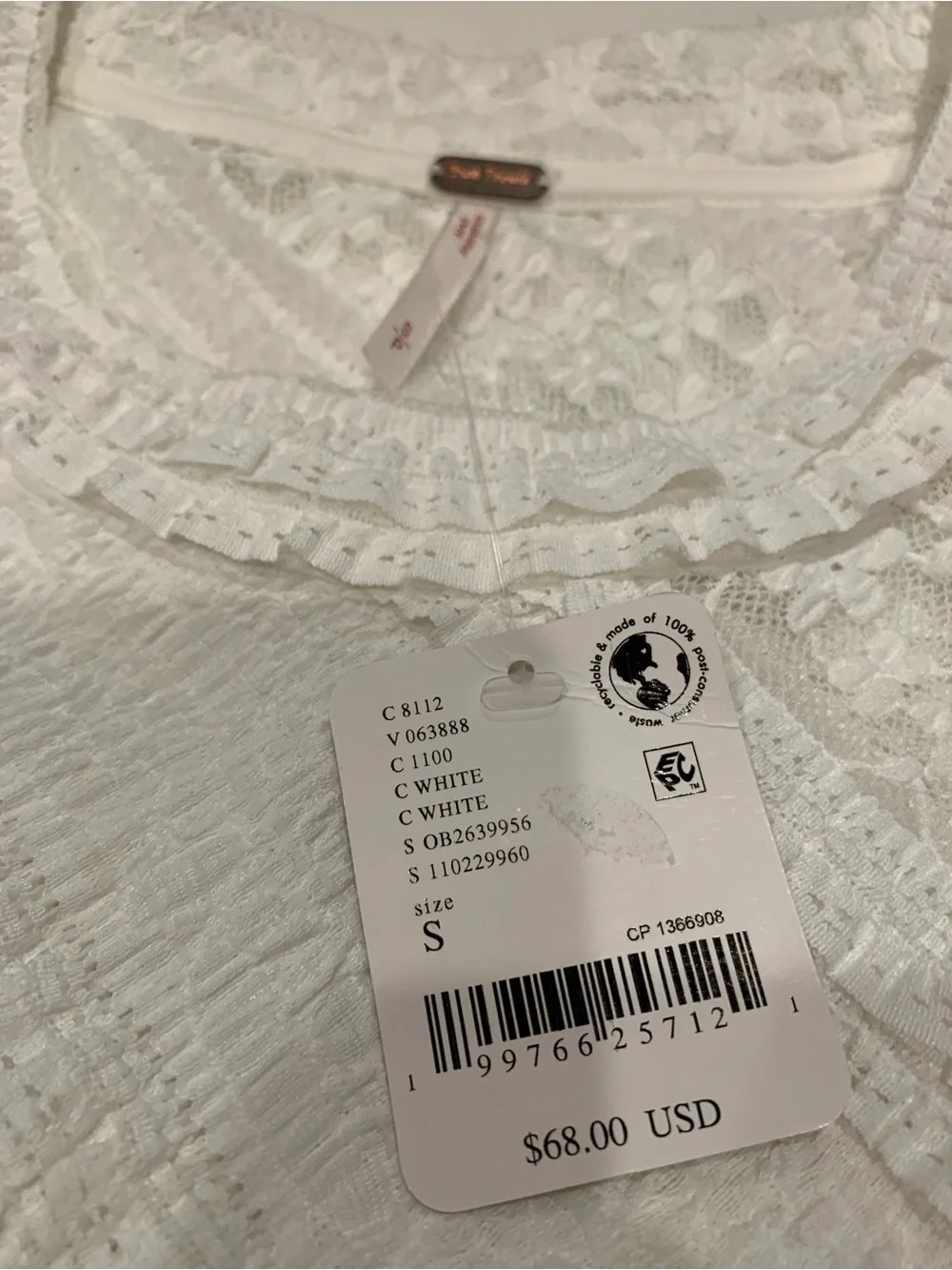 Free People White Lace Top NWT Size S